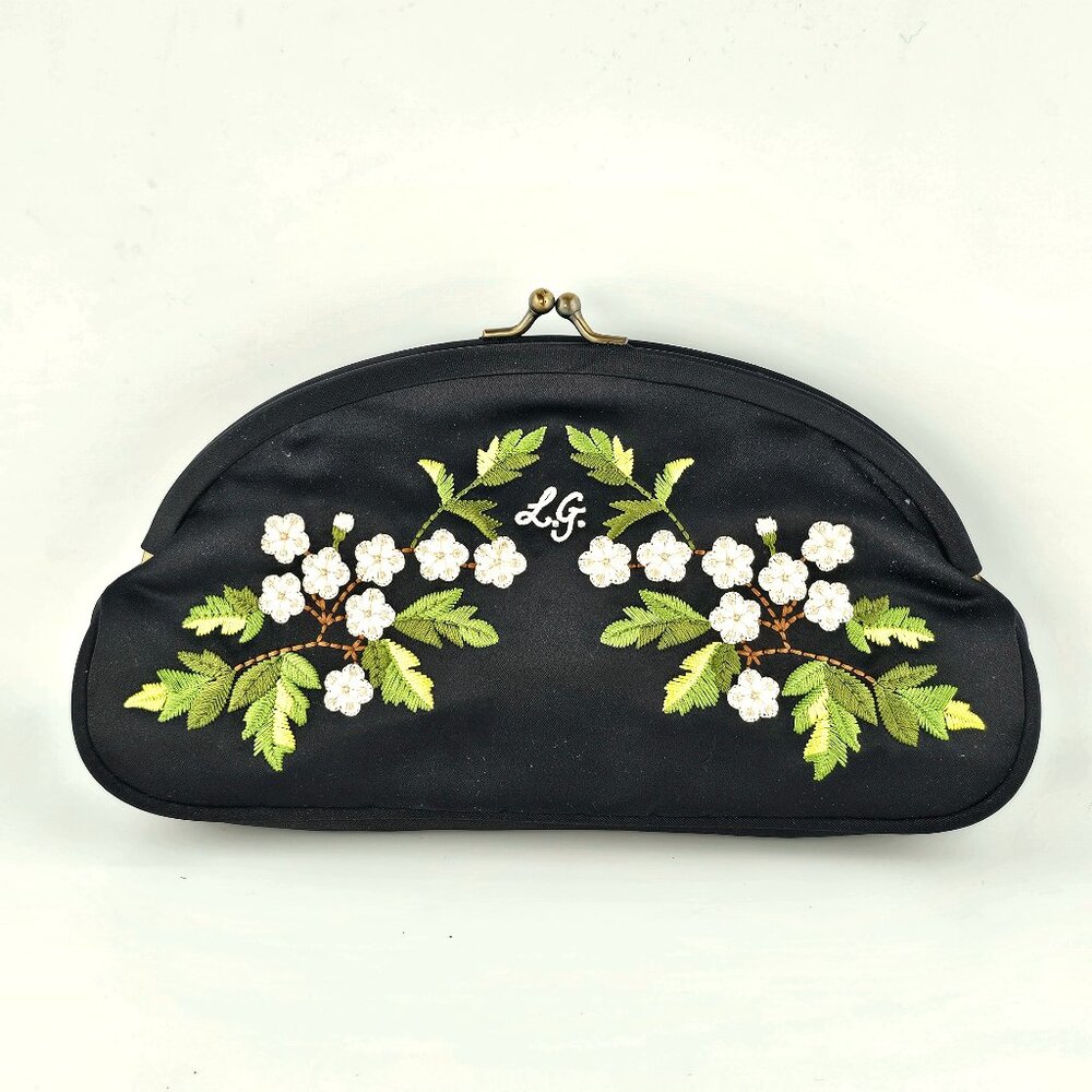Lulu Guinness Vintage Black Satin Embroidered Clutch Kiss Lock Floral Monogram